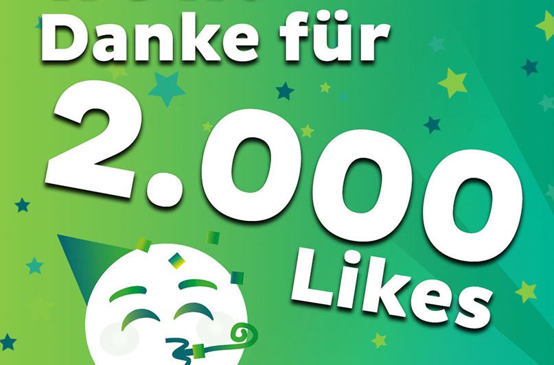 Grafik: „Danke für 2.000 Likes“. Ein feiernder Smiley mit Partyhut und Tröte.