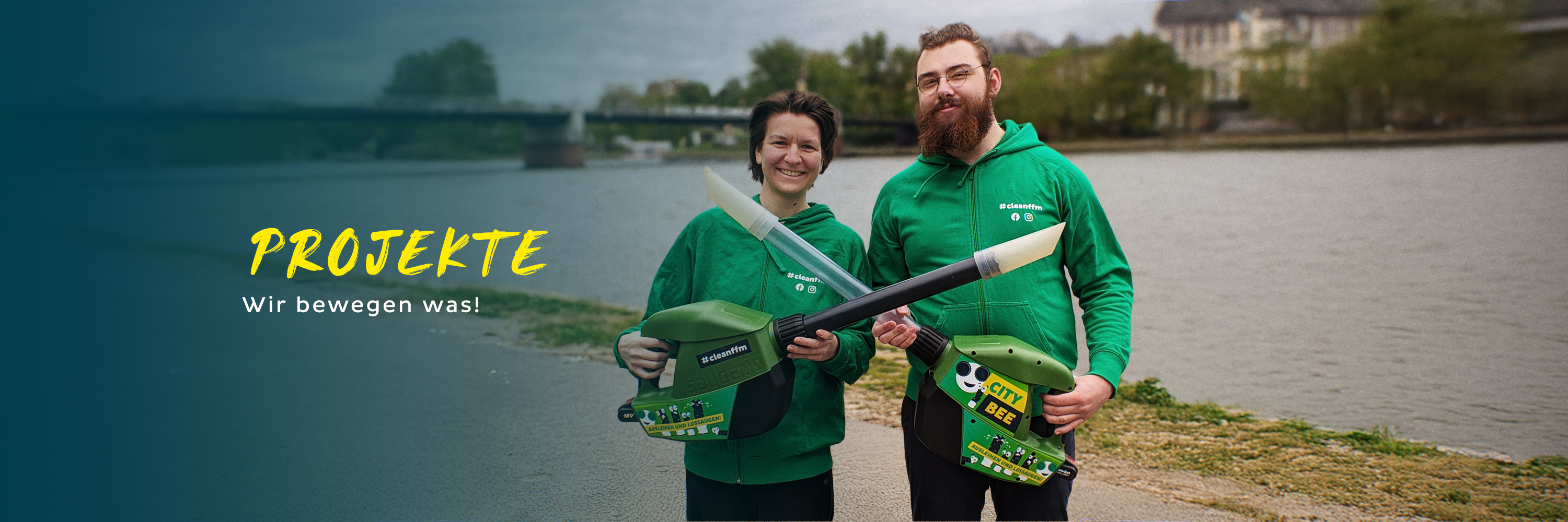 Fotocollage: Grünes Stadtmotiv mit Tram, Fahrrad, Reinigungsfahrzeug und Gebäuden, Text: PROJEKTE. 