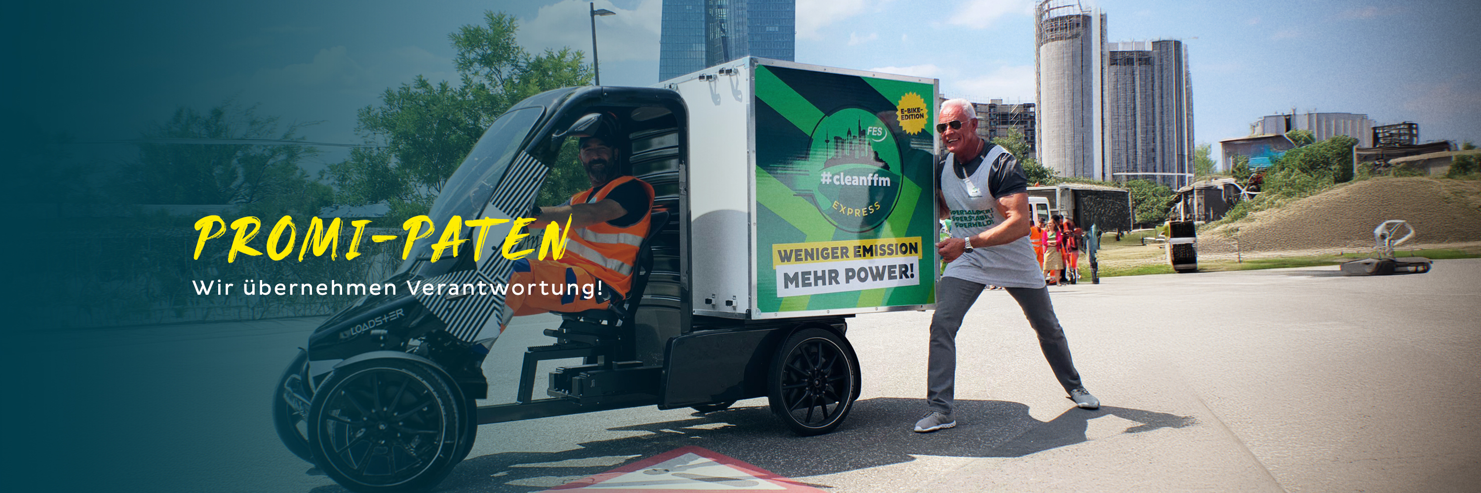 Fotocollage: Promi-Paten in dynamischen Posen auf grünem Hintergrund, Text: PROMI-PATEN